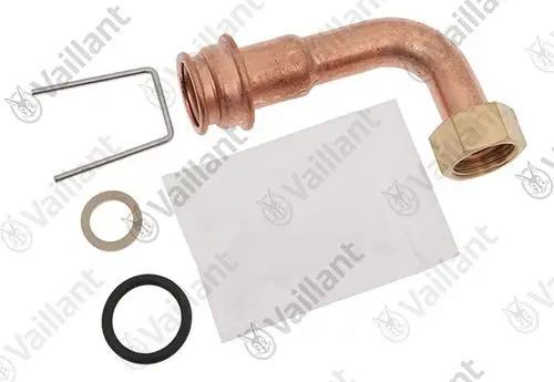 Vaillant Rohr aus Kupfer mit einer gebogenen Form, einer Messingmutter, Dichtungen und einer Halterung. Komponenten für Heizungsinstallation.